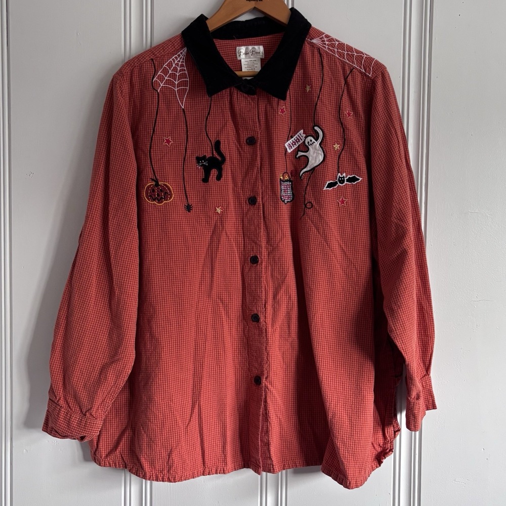 Vintage Halloween Embroidered Shirt Bobbie Brooks Gingham Button Up Cat Ghost